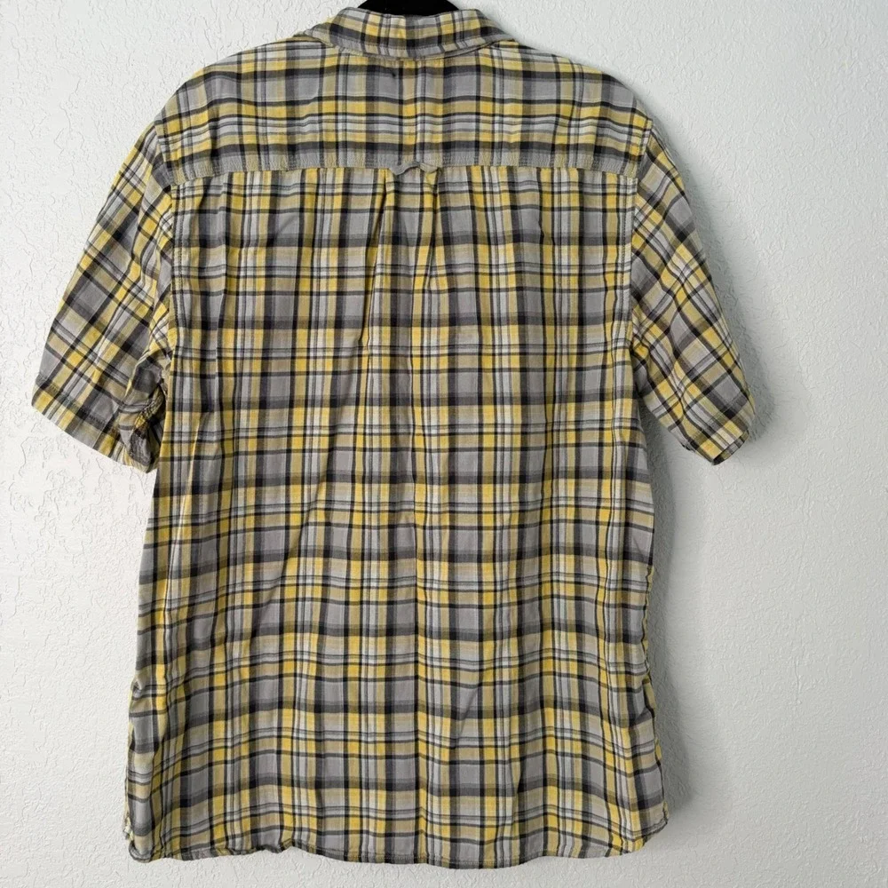 The North Face Mens XL Short Sleeve Plaid Button Down Shirt Yellow Grey Check